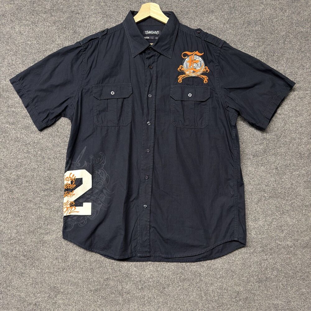 Ecko Unltd Graphic Button Up Shirt Men XL Blue Short Sleeve 72 Crest Hip Hop Y2K